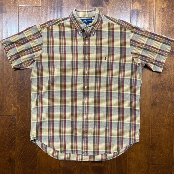 Polo Ralph Lauren Blake Vintage 90s Plaid Tan Maroon Button Front Shirt Large - Picture 4 of 8